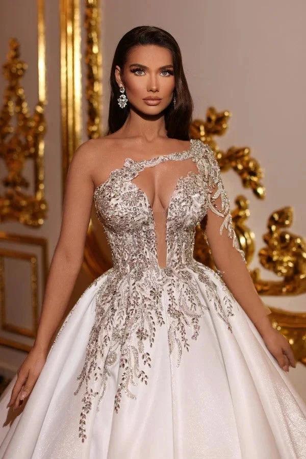 Elegant Princess Long A-line V-neck One Shoulder Satin Wedding Dresses (ZD14834)