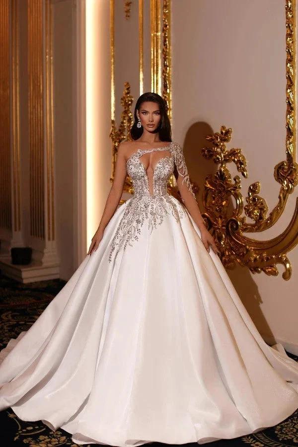 Elegant Princess Long A-line V-neck One Shoulder Satin Wedding Dresses (ZD14834)