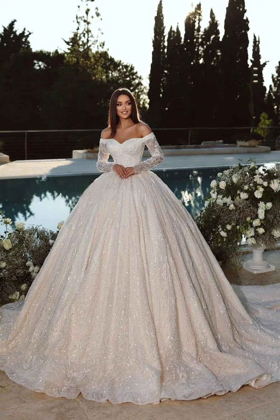 Elegant Princess Off-the-shoulder A-line Ball Gown Wedding Dress With Long Sleeves (ZD16533) - VelvetHem