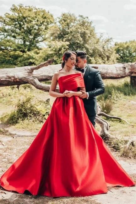 Elegant Red A-Line One Shoulder Satin Sleeveless Wedding Dresses (ZD14919) - VelvetHem