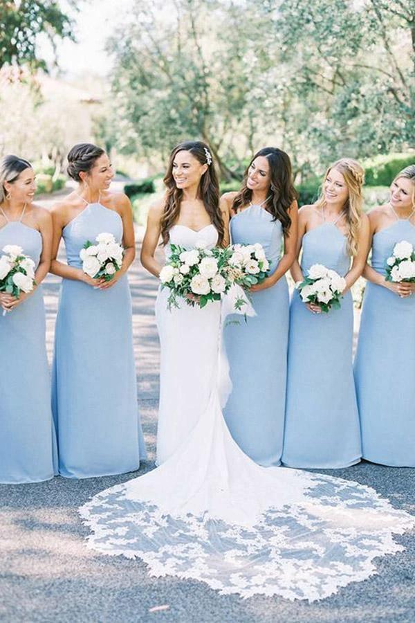 Elegant Sheath Halter Light Blue Satin Long Bridesmaid Dresses BD078 by pgmdress