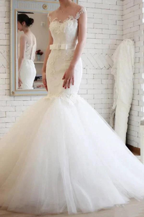 Elegant Sheer Back Tulle Lace Mermaid Wedding Dress (ZD15472)