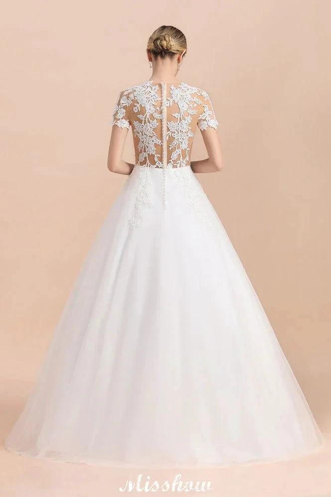 Elegant Short Sleeve Ball Gown White Lace Appliques Wedding Dress (ZD13989)