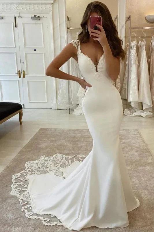 Elegant Sleeveless Satin Ivory Lace Mermaid Wedding Dresses (ZD14643) - VelvetHem