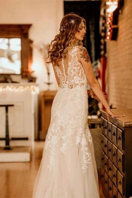 Elegant Sleeveless Straps V-neck A-Line Tulle Wedding Dress with Ruffles (ZD14938)