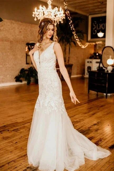 Elegant Sleeveless Straps V-neck A-Line Tulle Wedding Dress with Ruffles (ZD14938)