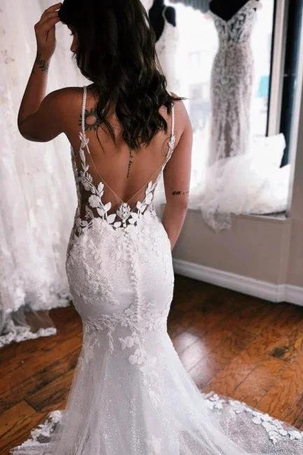 Elegant spaghetti straps sleeveless mermaid lace wedding dress (ZD14870)