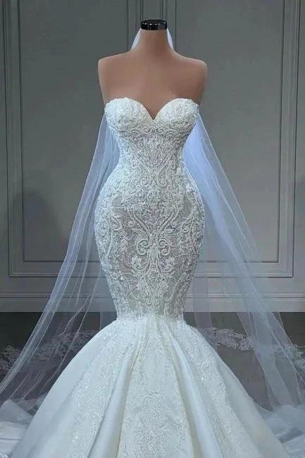 Elegant Strapless Sleeveless Mermaid Satin Floor-Length Wedding Dresses with Lace (ZD16416)