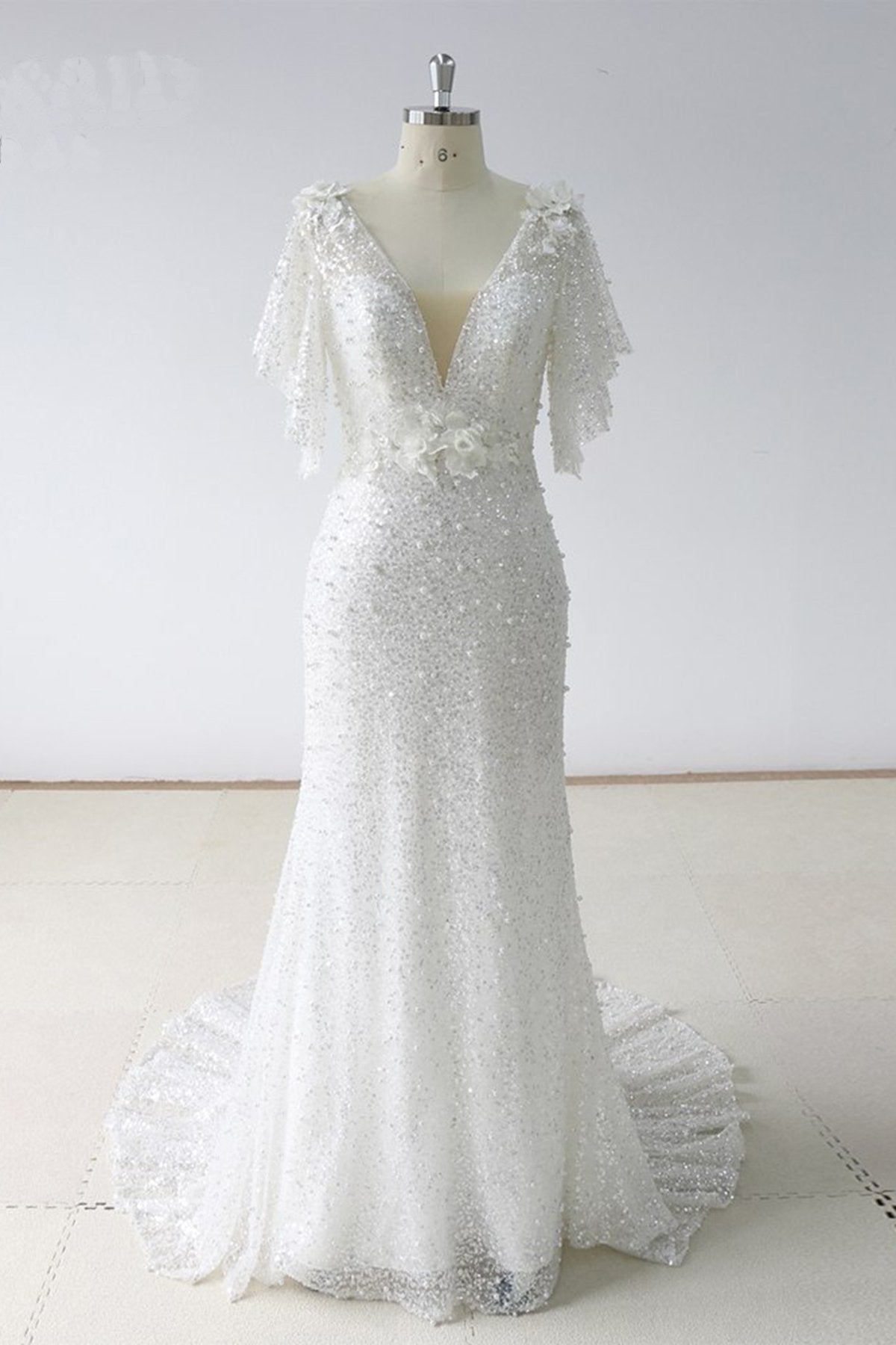 Elegant Stunning Sequins White Tulle Wedding Dress Sweep Train Mermaid Short Sleeve Bridal Gowns On Sale (ZD17438) - VelvetHem