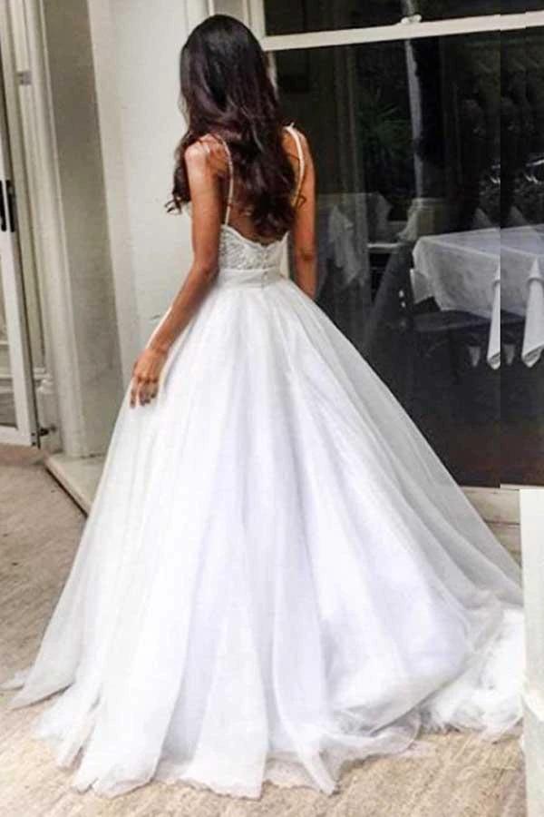 Elegant Sweep Train Backless Wedding Dress with Lace Top Spaghetti Straps (ZD15469) - VelvetHem