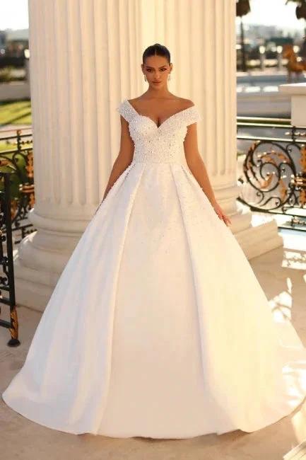 Elegant sweetheart cap sleeves ball gown satin wedding dress sequined (ZD14866)