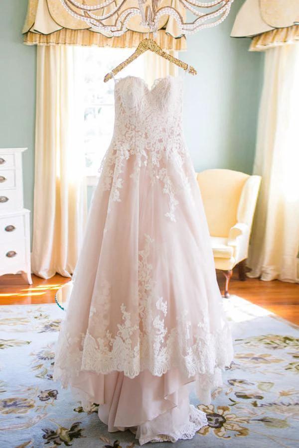 Elegant Sweetheart High Low Blush Wedding Dress with White Lace (ZD15468) - VelvetHem