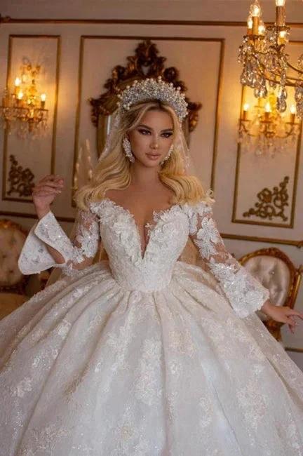 Elegant Sweetheart Long Sleeves Ball Gown Lace Wedding Gowns Bridal Dresses (ZD14977)