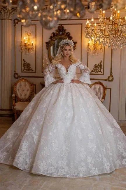 Elegant Sweetheart Long Sleeves Ball Gown Lace Wedding Gowns Bridal Dresses (ZD14977)