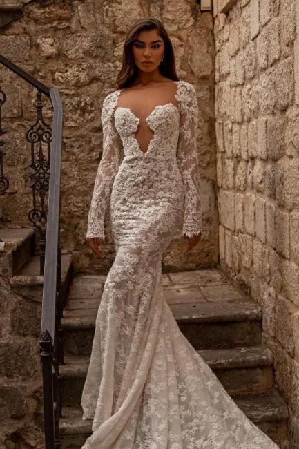 Elegant sweetheart longsleeves mermaid lace Wedding dresses (ZD14877)