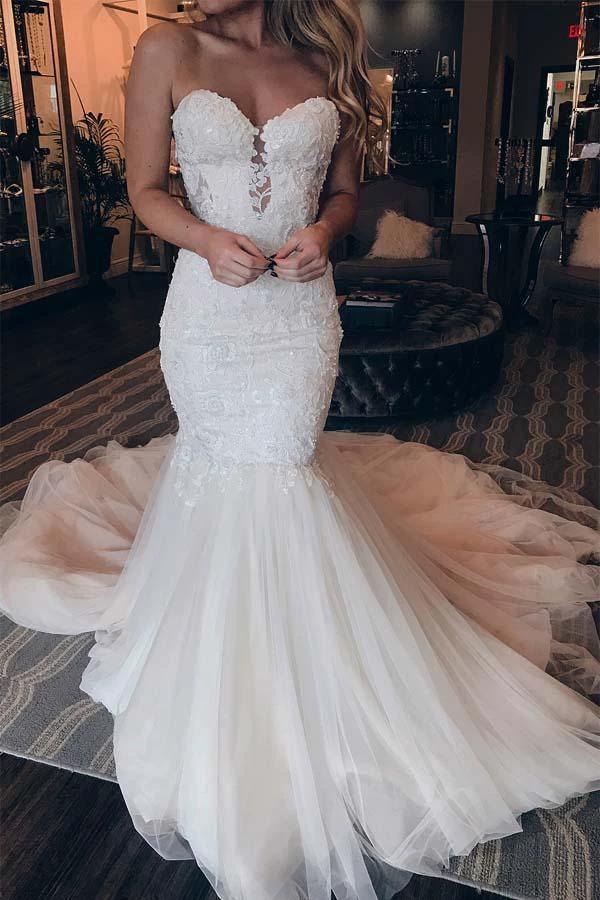 Elegant Sweetheart Mermaid Lace Long Wedding Dress With Beading (ZD15372)