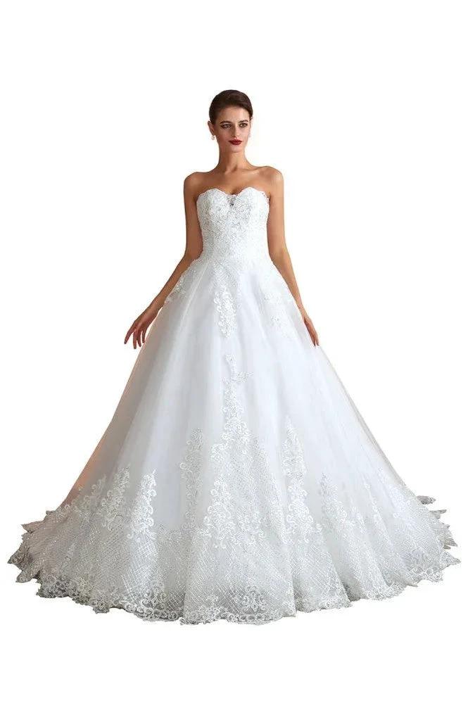 Elegant Sweetheart White Wedding Dress | Simple Tulle Beach Aline Ball Gown (ZD13985)