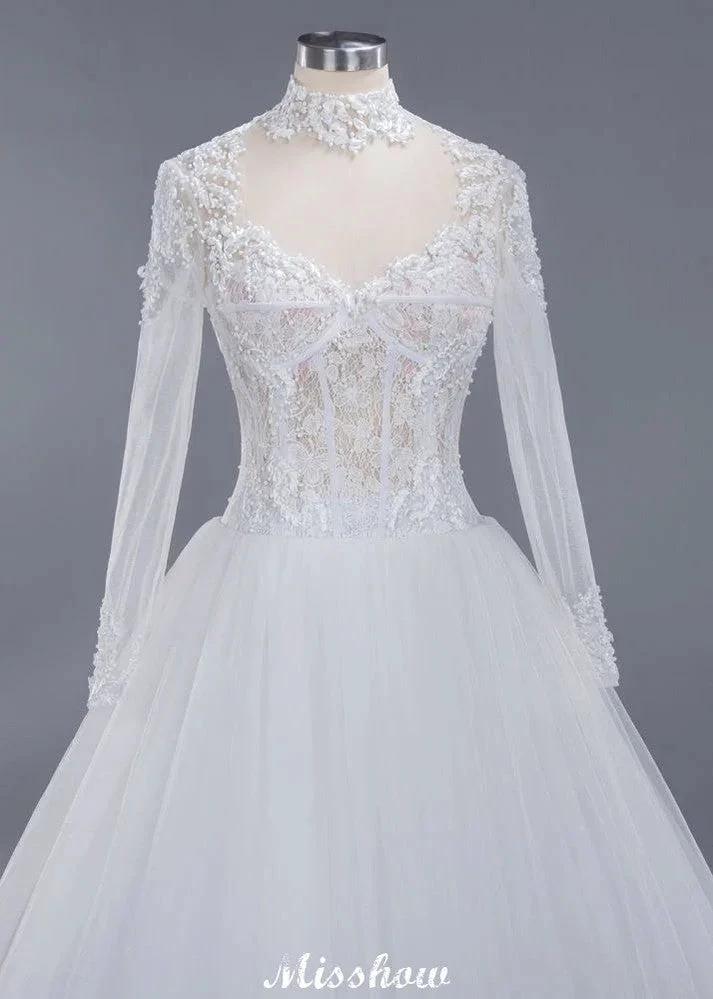 Elegant Tulle Lace Ball Gown High Neck Long Sleeves Floor Length Wedding Dress (ZD13991)