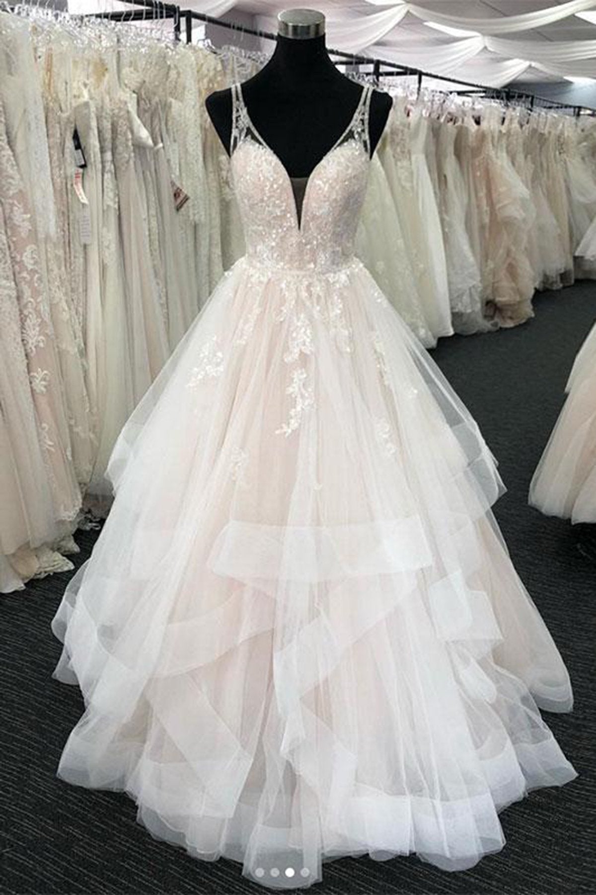 Elegant Tulle V-Neck Wedding Dress Open Back Long Layered Bridal Gowns On Sale (ZD17437)