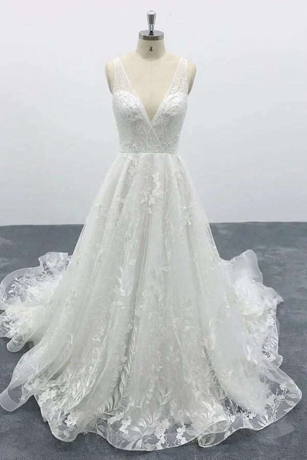 Elegant V-neck Appliques Tulle A-line Wedding Dress by misshow.com