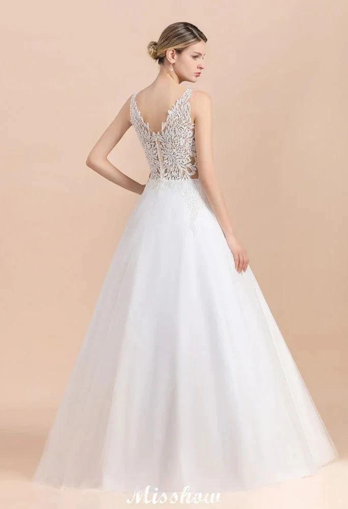 Elegant V-Neck Floral Lace A-line Wedding Dress Beach Sleeveless Tulle Church Dress (ZD13986)