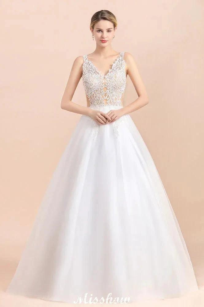 Elegant V-Neck Floral Lace A-line Wedding Dress Beach Sleeveless Tulle Church Dress (ZD13986)