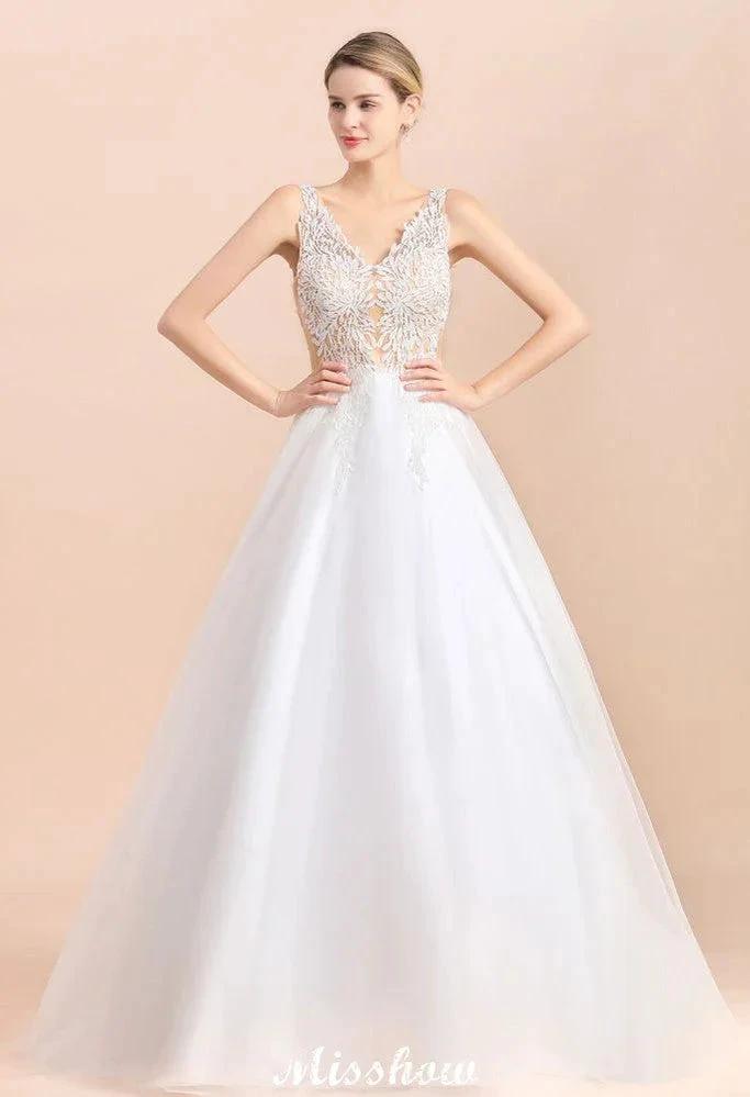 Elegant V-Neck Floral Lace A-line Wedding Dress Beach Sleeveless Tulle Church Dress (ZD13986)