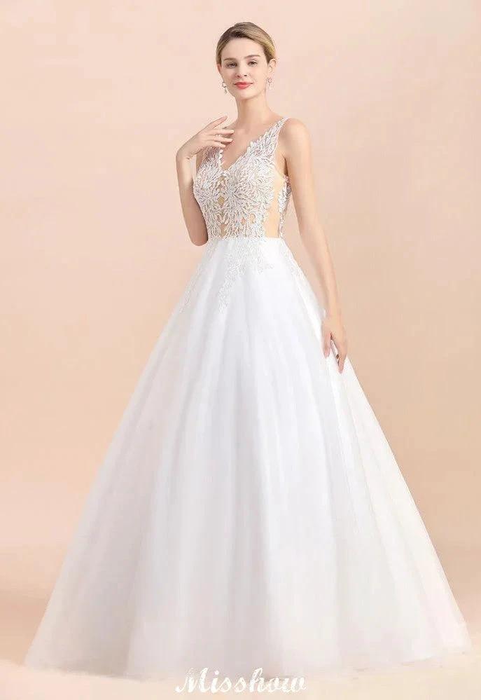 Elegant V-Neck Floral Lace A-line Wedding Dress Beach Sleeveless Tulle Church Dress (ZD13986)