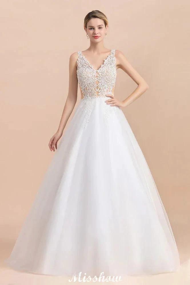 Elegant V-Neck Floral Lace A-line Wedding Dress Beach Sleeveless Tulle Church Dress by misshow.com