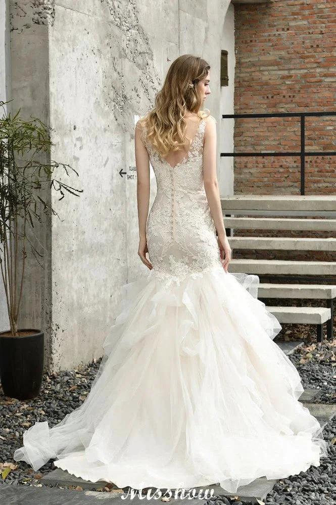 Elegant V-Neck Mermaid Bridal Gown Tulle Lace Appliques Puffy Wedding Dress (ZD13968)