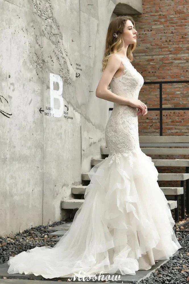 Elegant V-Neck Mermaid Bridal Gown Tulle Lace Appliques Puffy Wedding Dress (ZD13968)