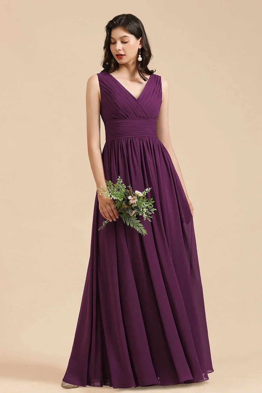 Elegant V-Neck Ruffle A-line Chiffon Lace Bridesmaid Dresses (ZD12875)