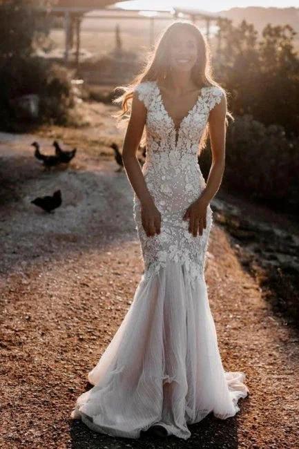 Elegant V-neck Sleeveless Mermaid Wedding Dresses with Lace (ZD16404)