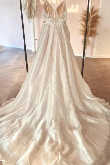 Elegant v-neck spaghetti straps sleeveless a-line lace Wedding dresses (ZD14859)