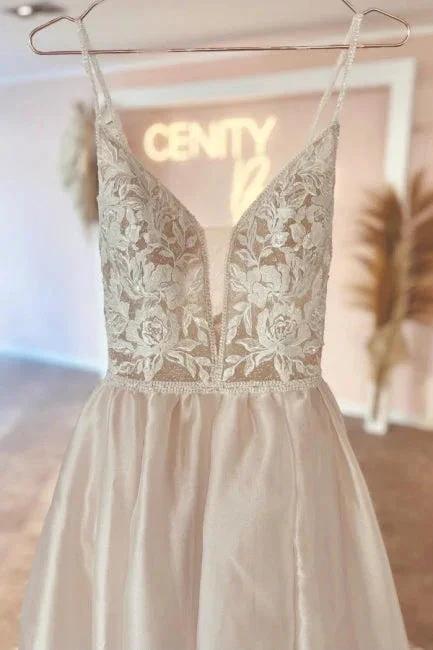 Elegant v-neck spaghetti straps sleeveless a-line lace Wedding dresses (ZD14859)