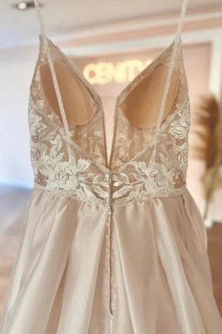 Elegant v-neck spaghetti straps sleeveless a-line lace Wedding dresses (ZD14859)