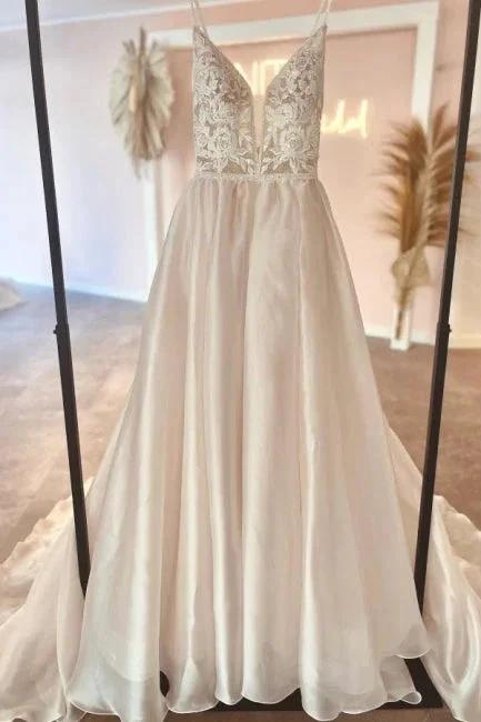 Elegant v-neck spaghetti straps sleeveless a-line lace Wedding dresses (ZD14859)