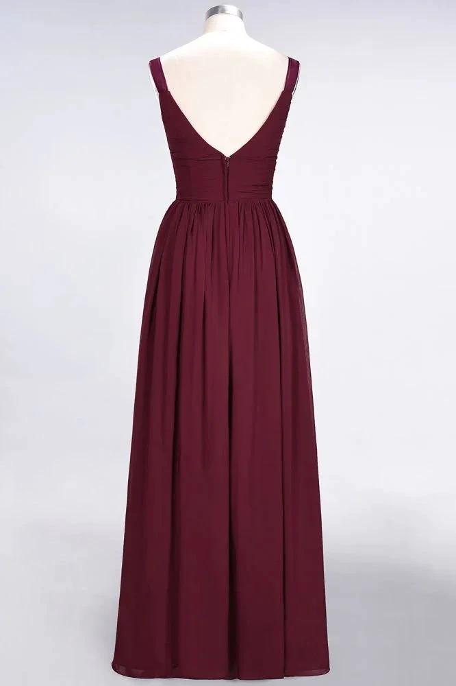 Elegant V-Neck Strap Backless Ruffles Chiffon Floor-Length Bridesmaid Dress (ZD13113)