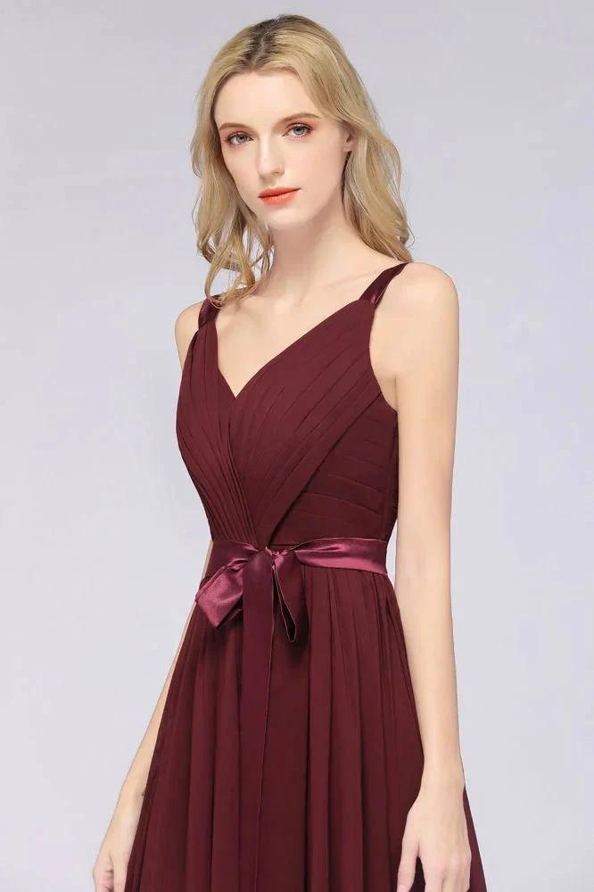 Elegant V-Neck Strap Backless Ruffles Chiffon Floor-Length Bridesmaid Dress (ZD13113)