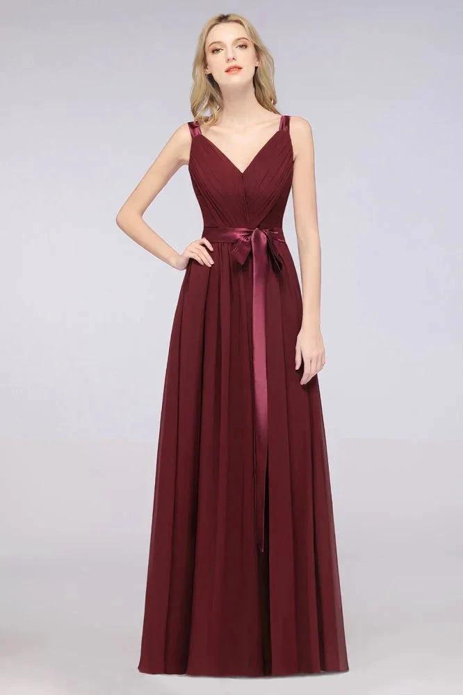 Elegant V-Neck Strap Backless Ruffles Chiffon Floor-Length Bridesmaid Dress (ZD13113) - VelvetHem