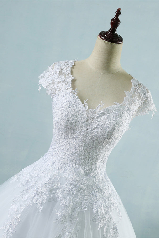 Elegant V-Neck Tull Lace White Wedding Dress Short Sleeves Appliques Bridal Gowns (ZD17459)