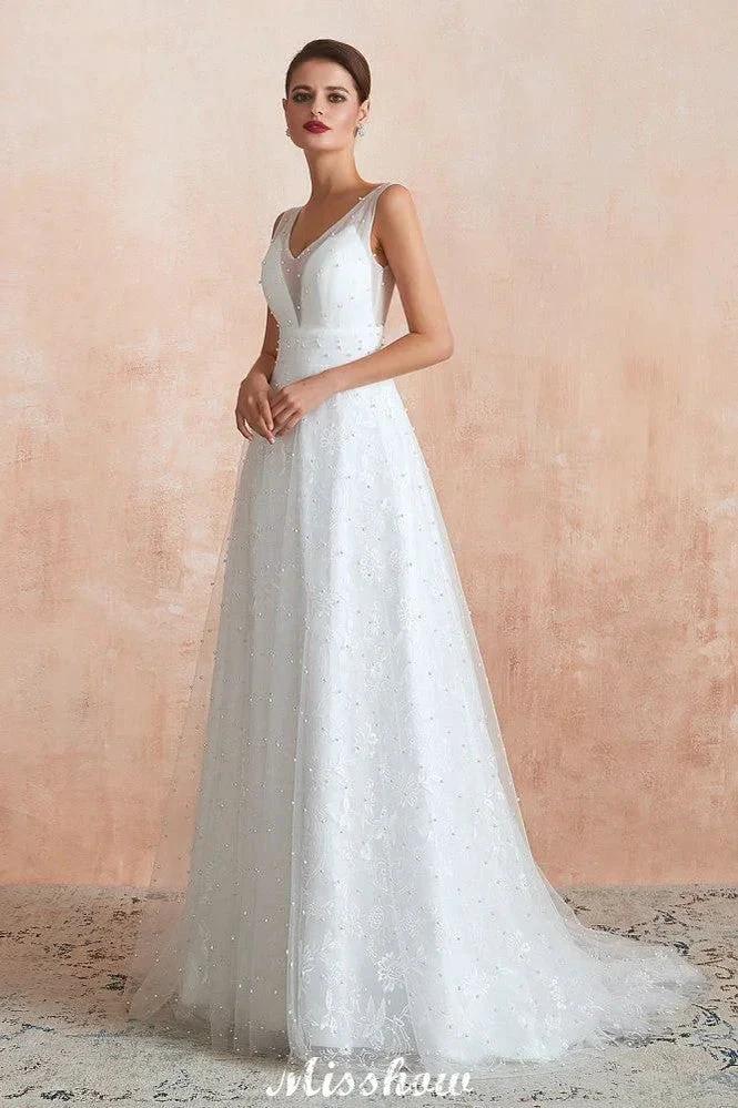 Elegant V-Neck Tulle Pearls Wedding Dress Beach Bridal Gown (ZD13970)