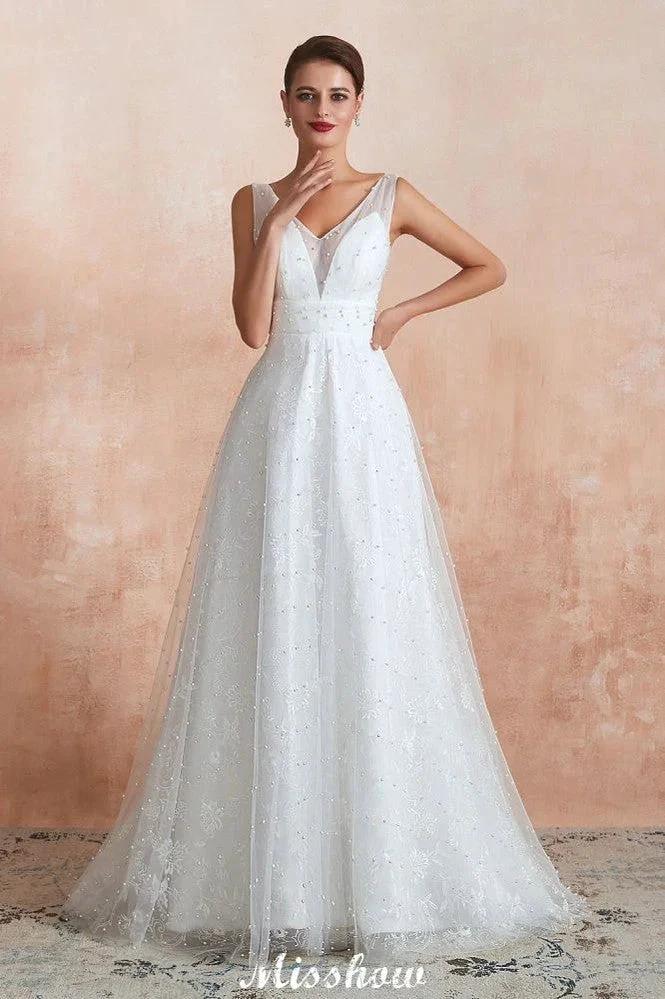 Elegant V-Neck Tulle Pearls Wedding Dress Beach Bridal Gown (ZD13970) - VelvetHem