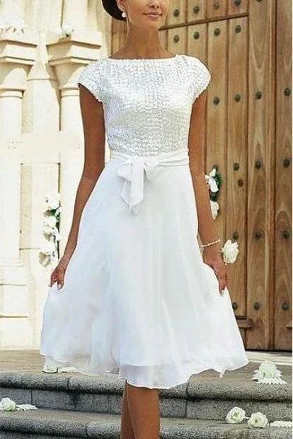 Elegant White A-line Chiffon Wedding Dress With Short Sleeve (ZD16432) - VelvetHem