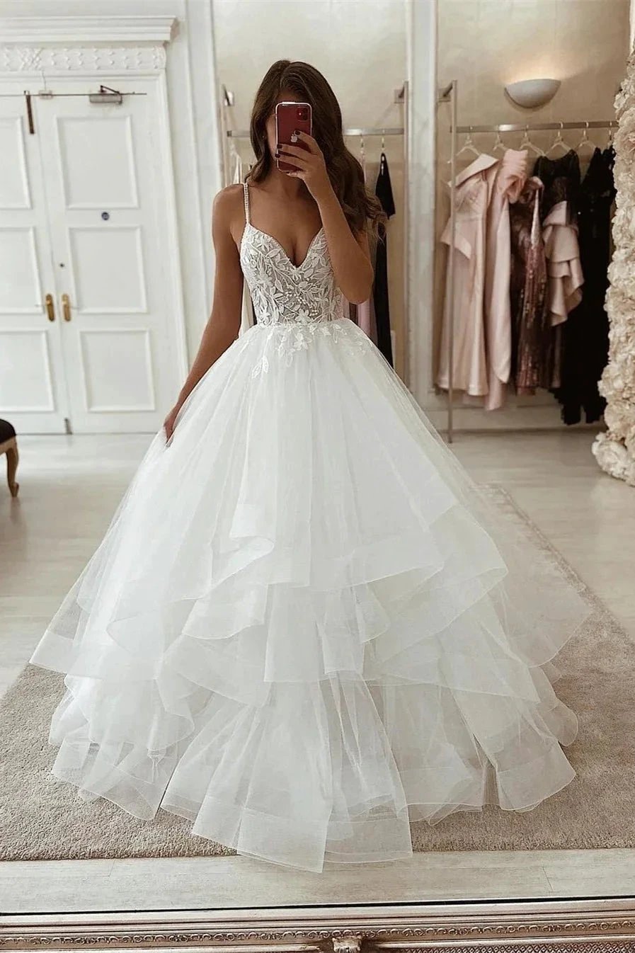Elegant White A-line Sleeveless V-neck Tulle Wedding Dress With Lace (ZD14514) - VelvetHem
