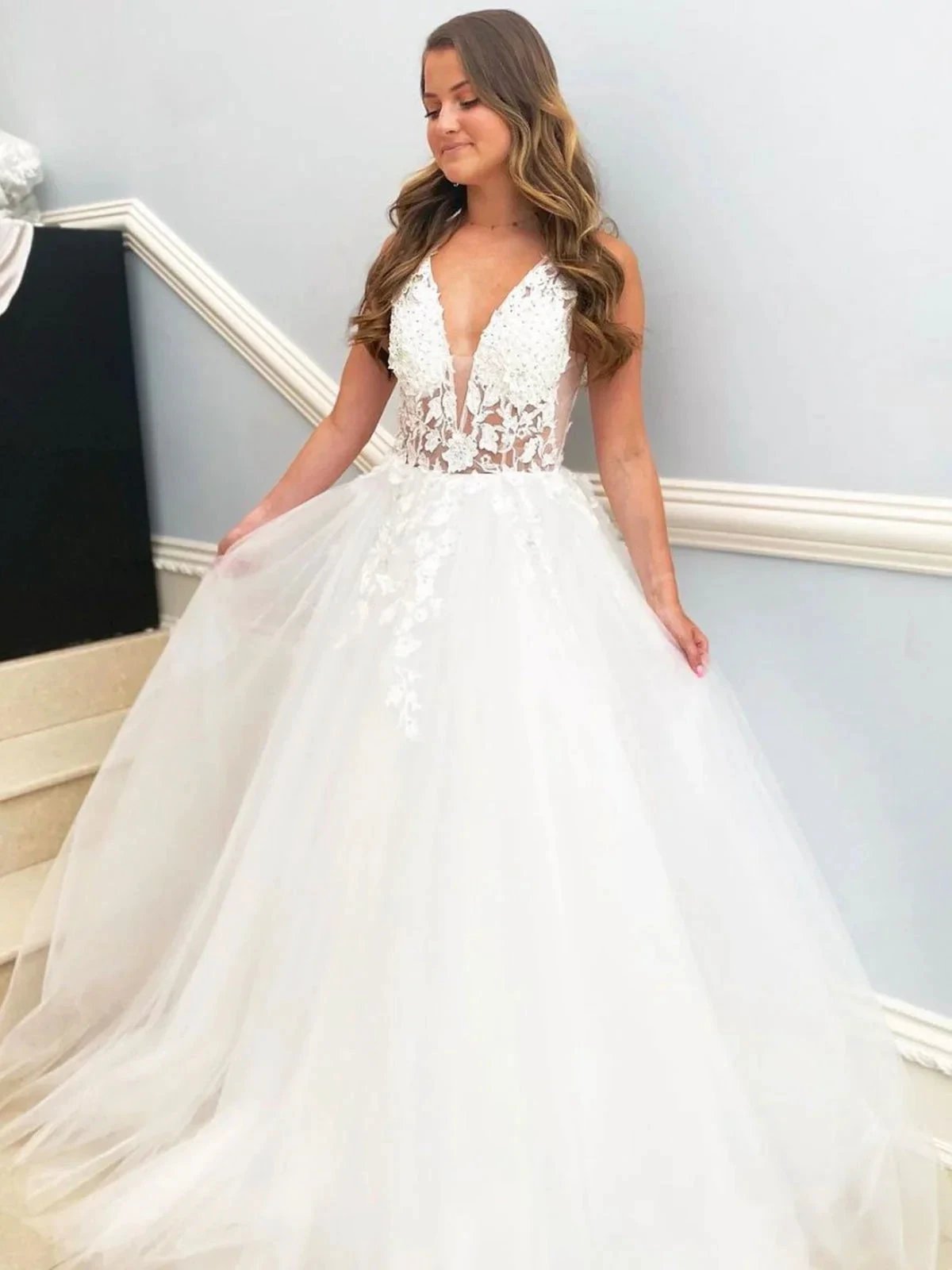 Elegant White Long A-line V Neck Tulle Lace Floral Wedding Dresses (ZD16750) - VelvetHem