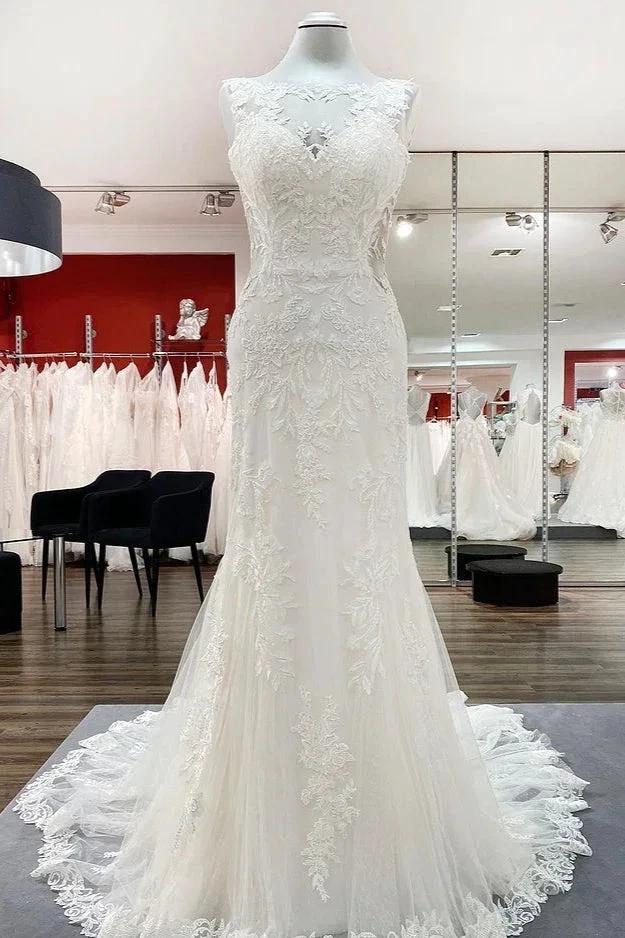 Elegant White Long Mermaid Tulle Lace Open Back Wedding Dresses (ZD15160) - VelvetHem