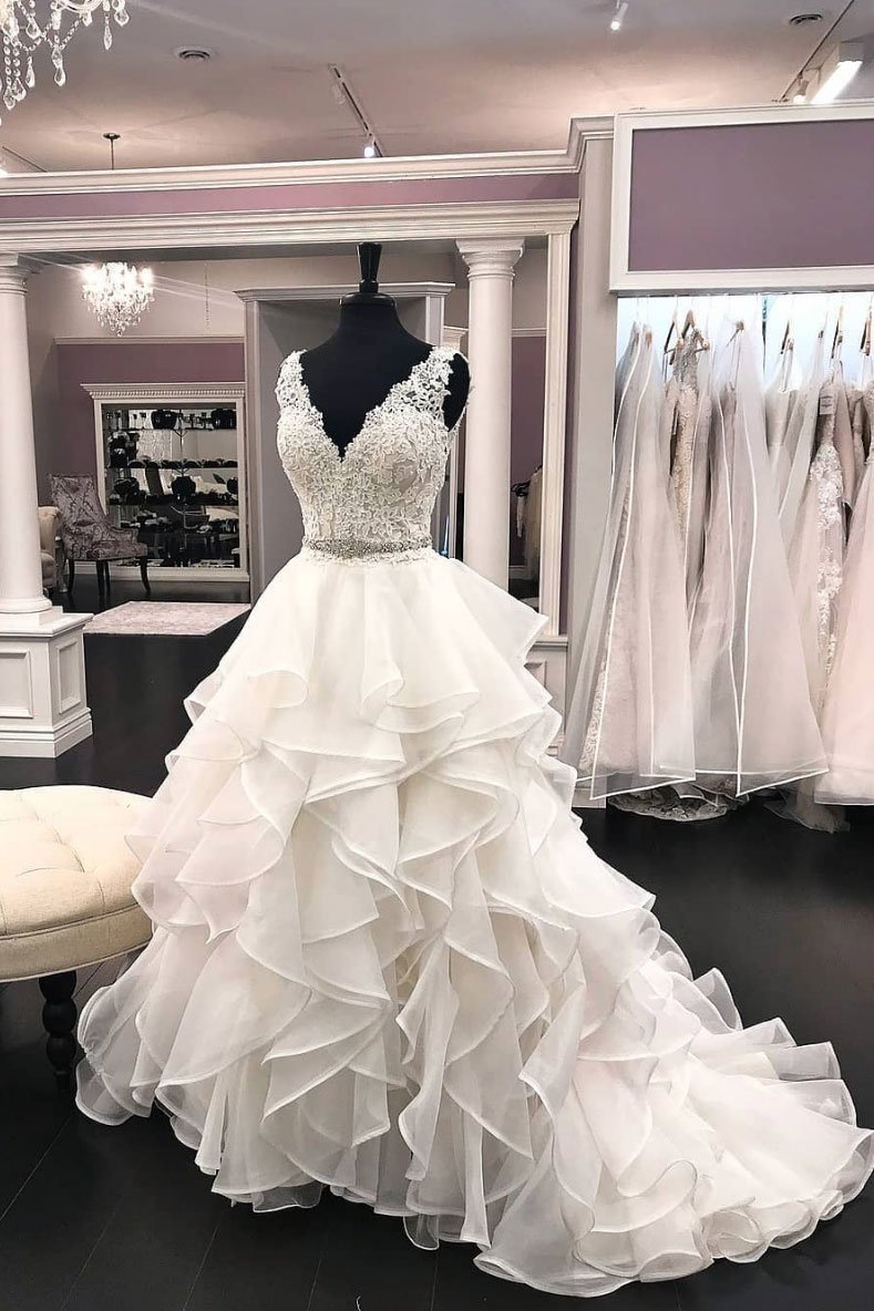 Elegant White Organza V-Neck Beaded Wedding Dress Ruffles Lace Bridal Gowns On Sale (ZD17430) - VelvetHem