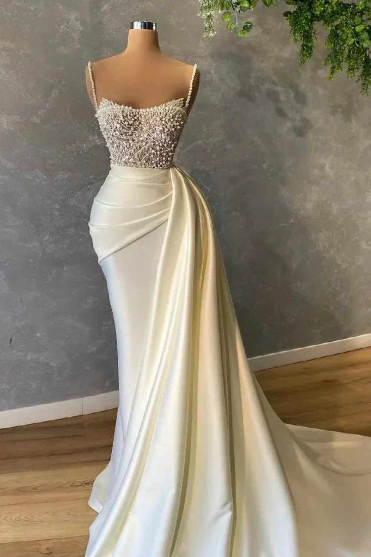 Elegant White Sequined Sleeveless Mermaid Wedding Dresses With Pearl (ZD16398)
