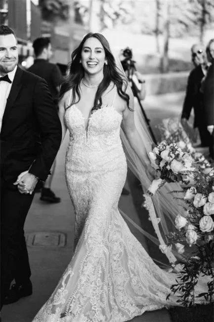 Elegant White V-neck Backless Mermaid Wedding Dresses With Lace (ZD14636)